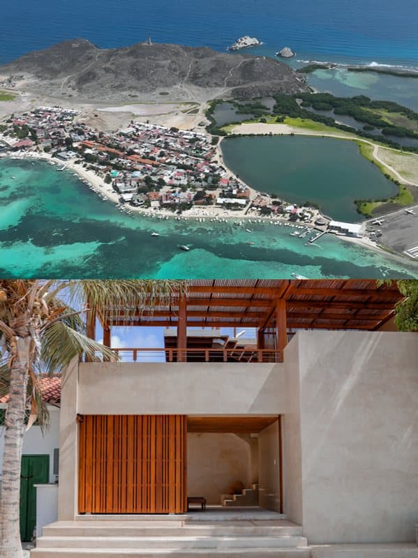 Gran Roque from above, and the house's wood and plaster façade.