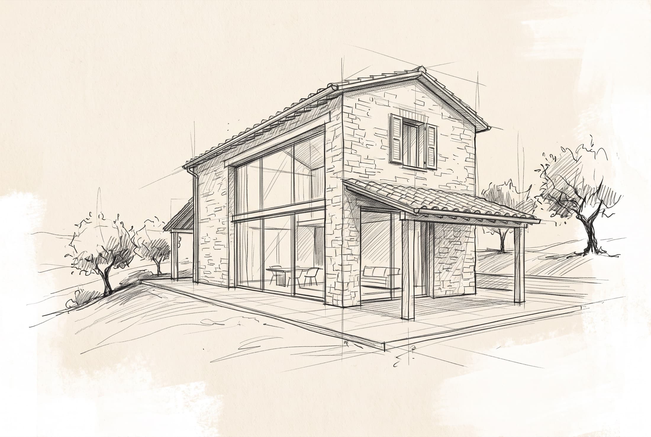 The first lines: stone, a low terracotta roof and glass opening onto the land.