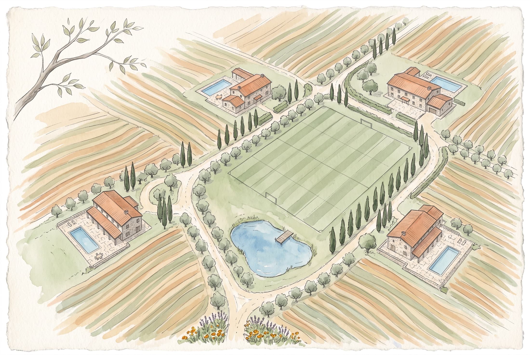 Four houses among the fields, each with its own pool, around the polo field and the lake.