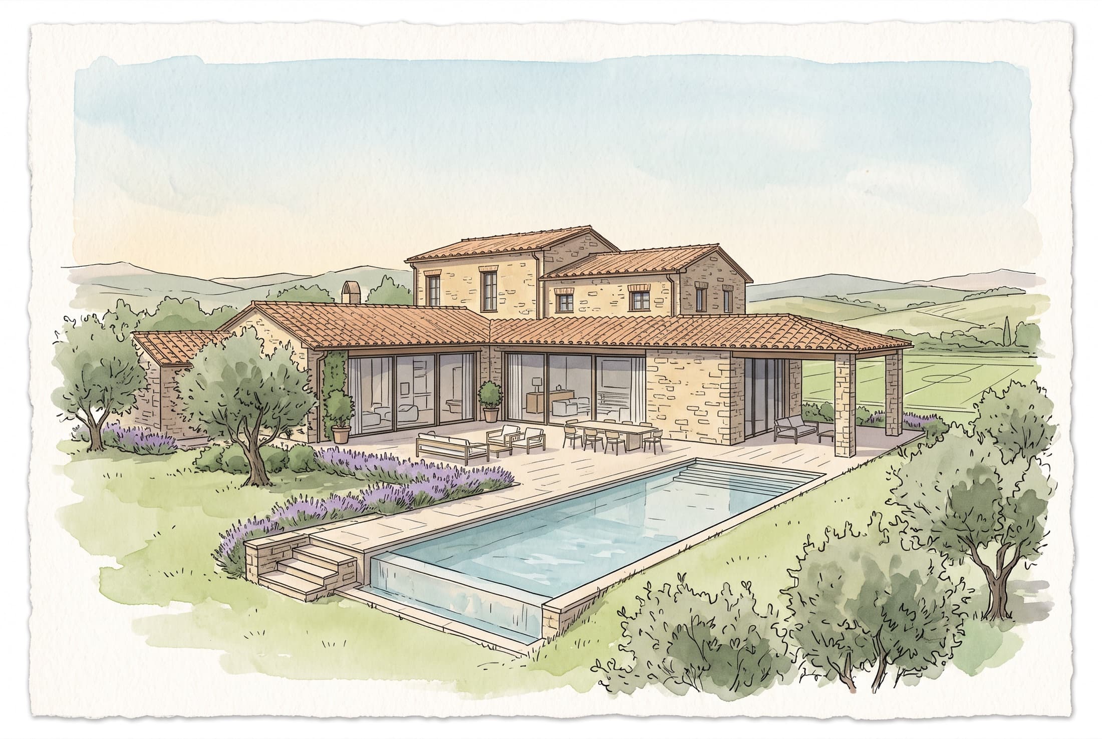 Verandas, lavender and the pool, opening to the light of the Tuscan hills.