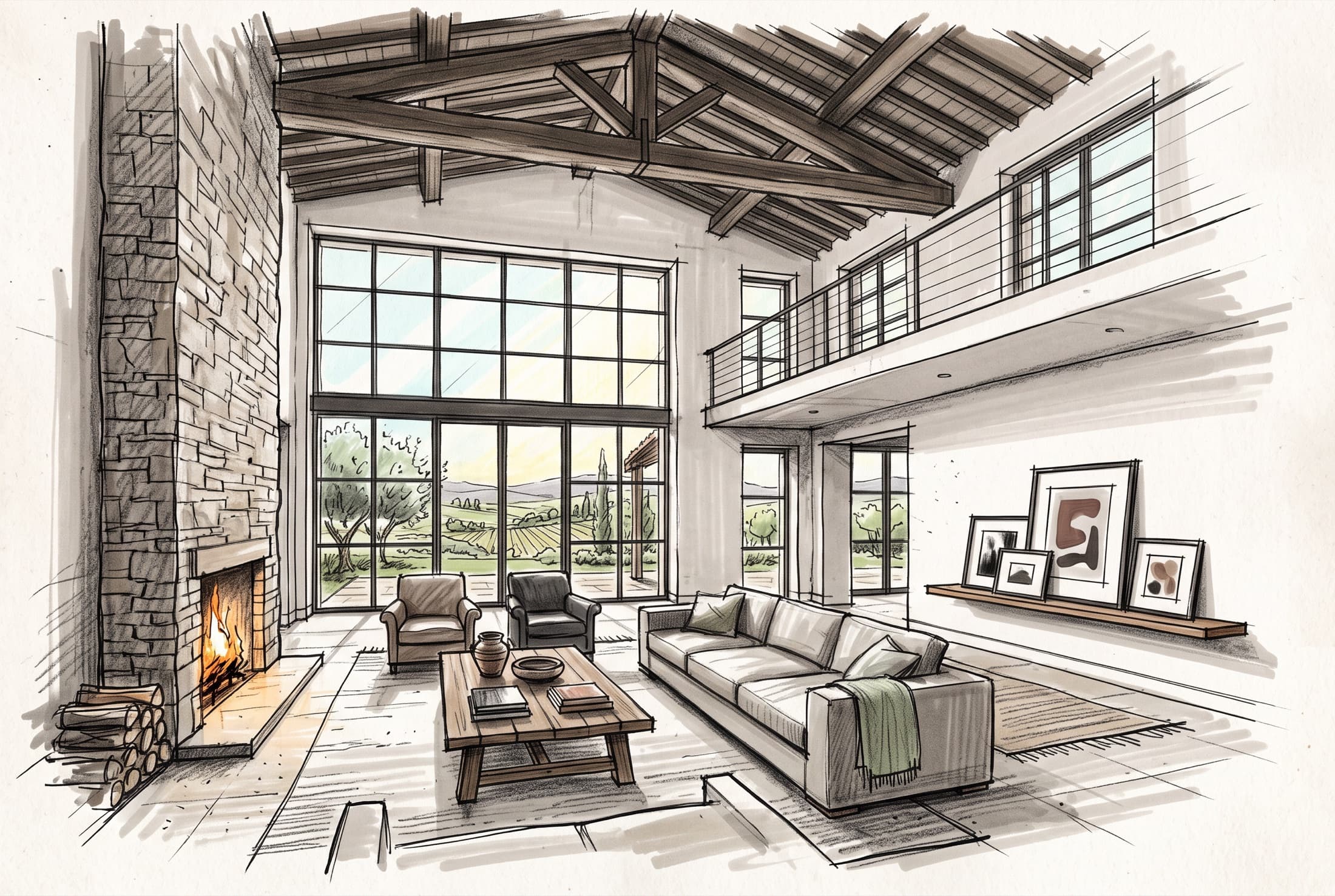 The double-height lounge with its fireplace, wood, marble and stone.