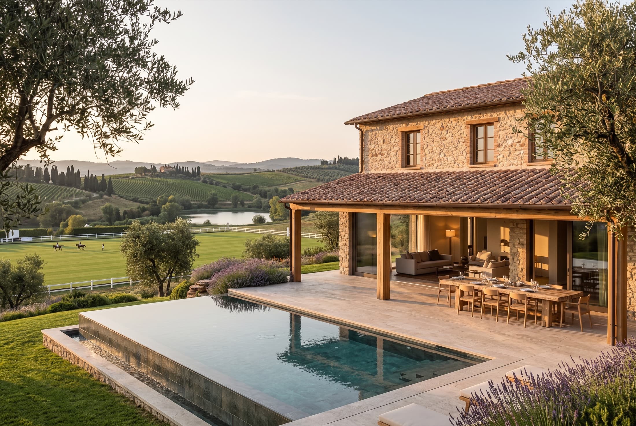 Golden hour on the covered terrace, looking over the polo field.